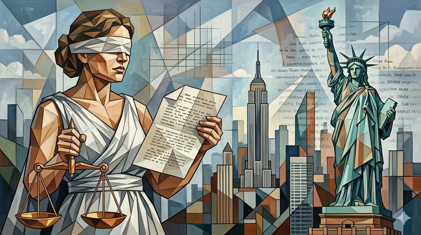 Lady Justice holding legislative documents with the Statue of Liberty and Manhattan skyline in the background, representing New York menopause workplace legislation.
