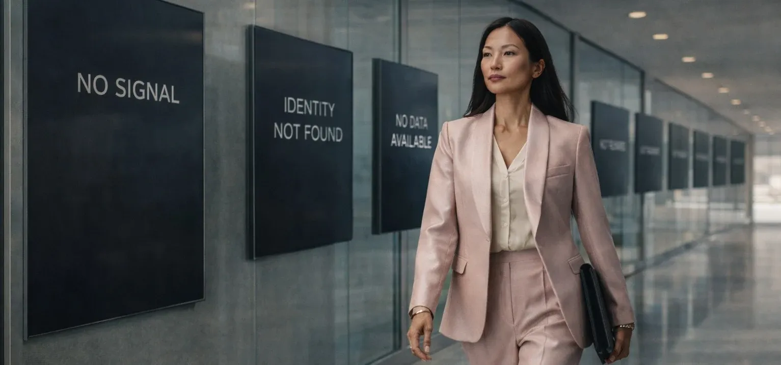Woman executive in a blush suit walking through a corporate corridor lined with digital panels reading NO SIGNAL, IDENTITY NOT FOUND, and NO DATA AVAILABLE.