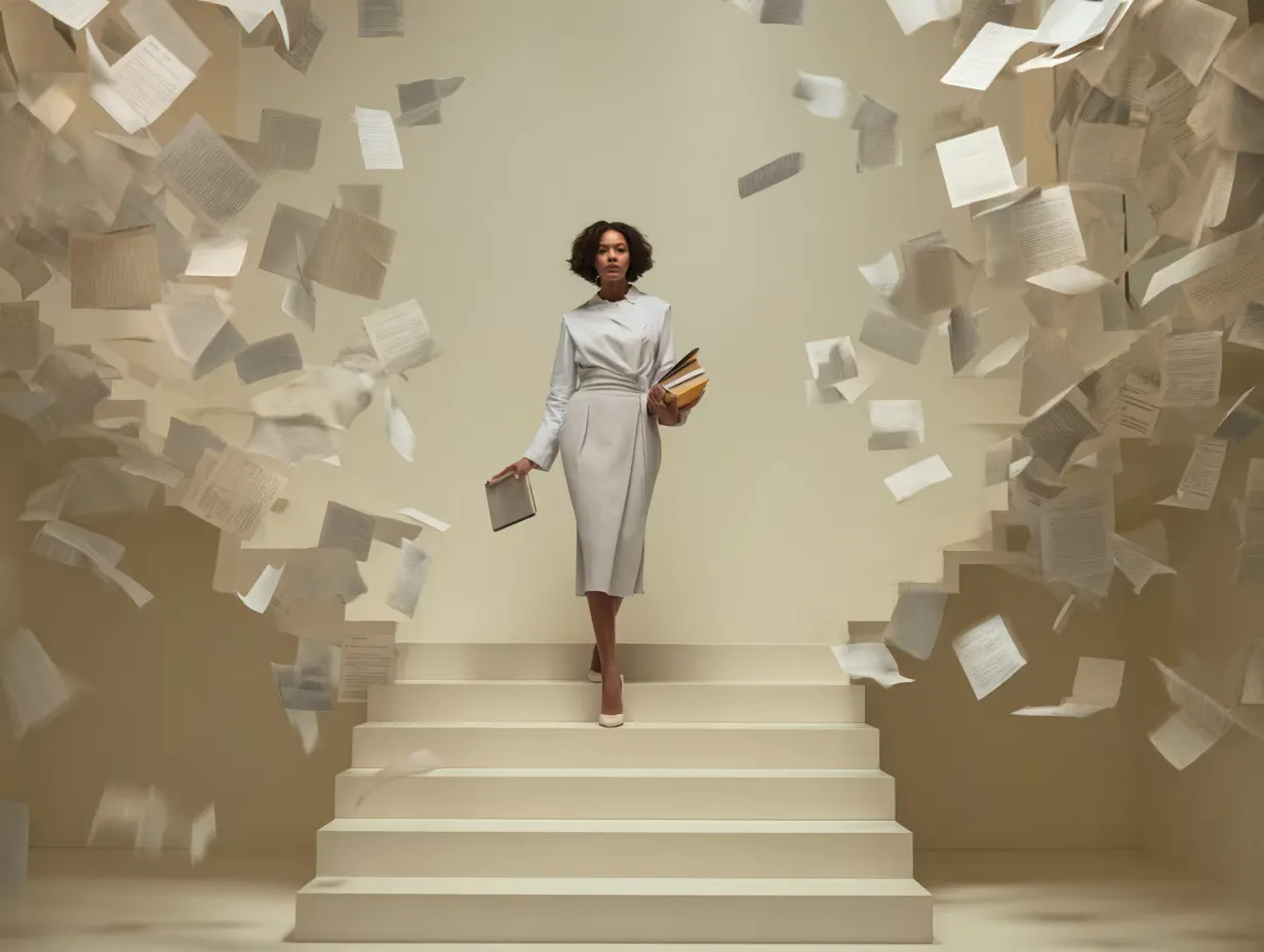 woman walking down stairs paper flying