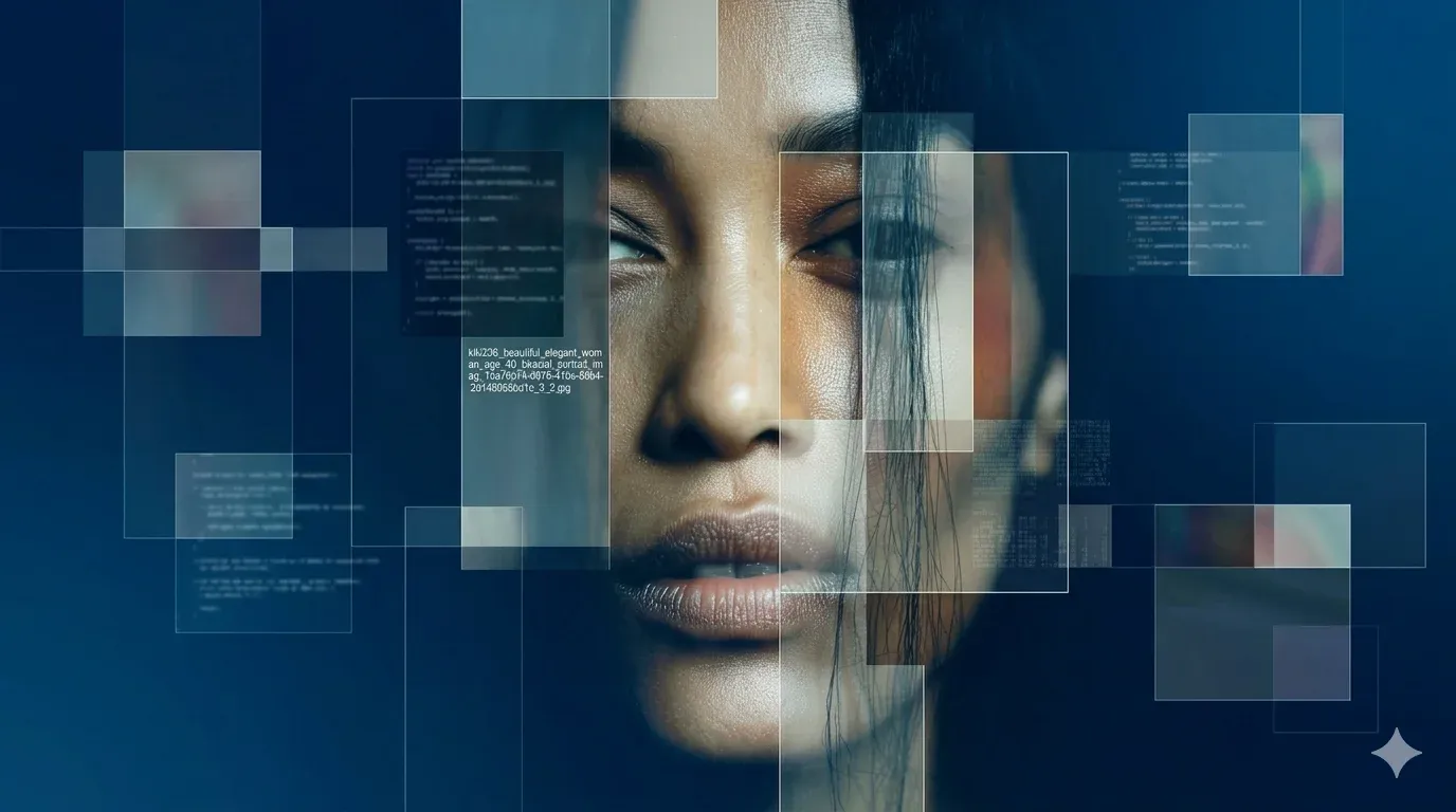 Abstract blue digital overlay across a woman's face, suggesting disclosure, visibility, and workplace record creation