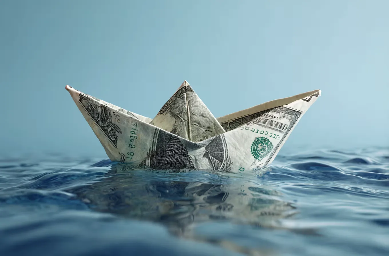 dollars floating away on water