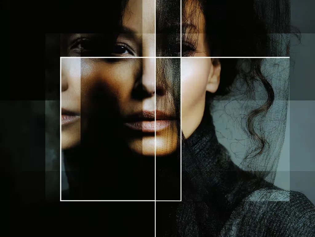 Abstract image of woman in shifting face squares