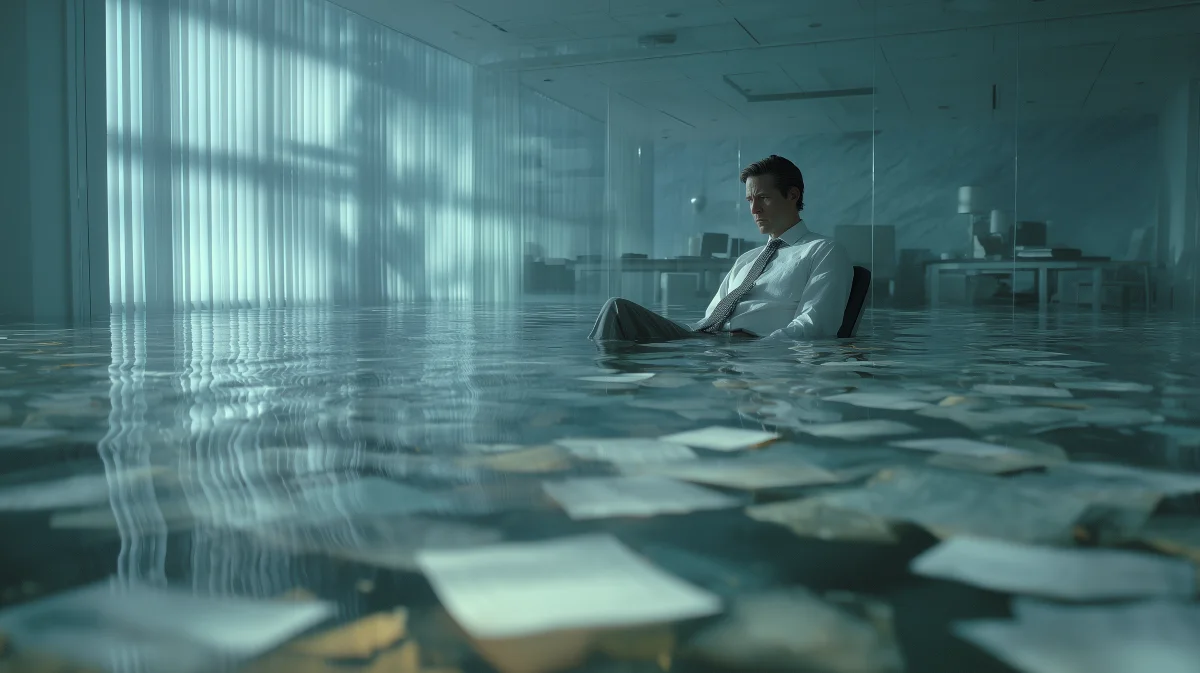 The endless papers floating in the water perfectly represent the phrase: "AI adoption increases the volume of decisions while degrading the conditions under which good judgment is possible.