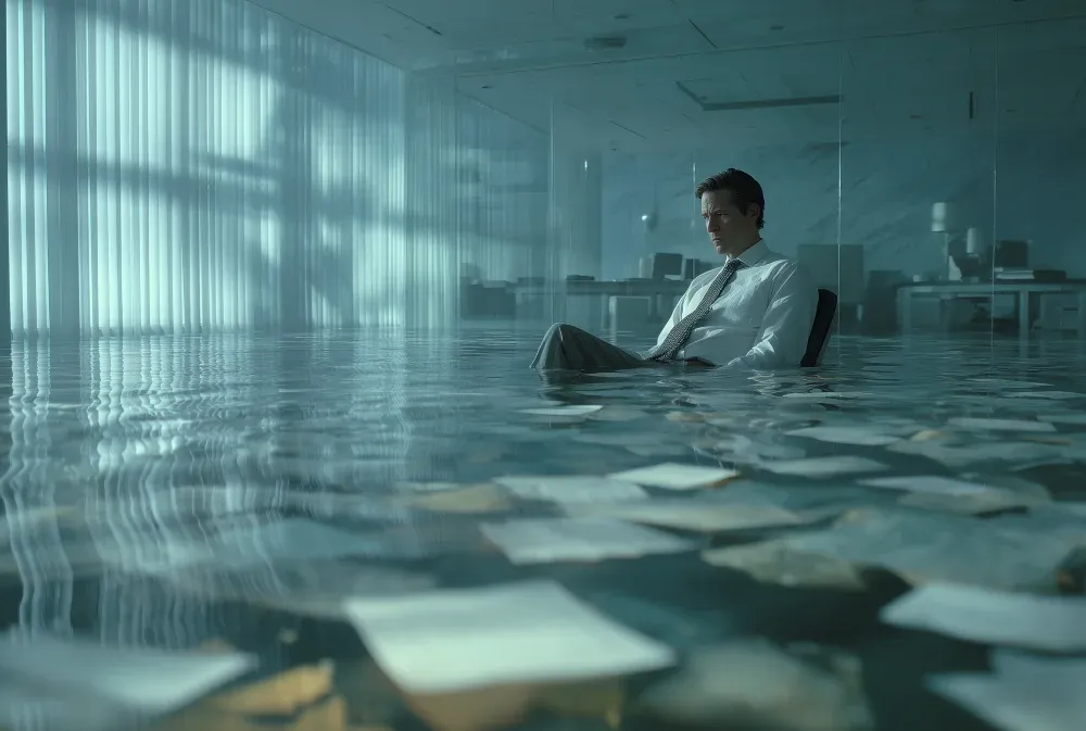 The endless papers floating in the water perfectly represent the phrase: "AI adoption increases the volume of decisions while degrading the conditions under which good judgment is possible.