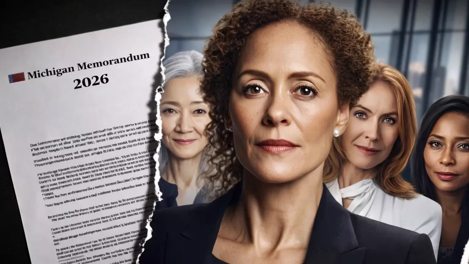 Michigan Menopause Memorandum 2026 document contrasted with middle-aged professional women, illustrating gaps in workplace menopause policy and data.