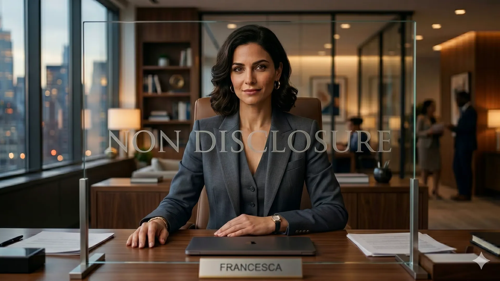 Confident female CFO sitting in a modern executive office behind a clear glass boundary etched with the words Non Disclosure.