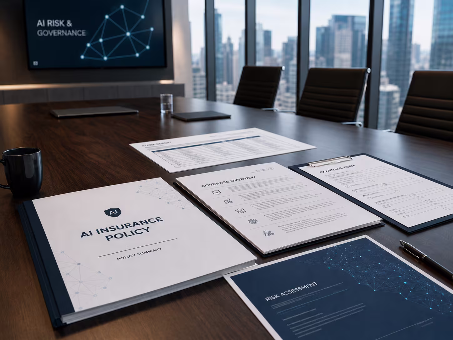 insurance underwriting documents and an unresolved AI accountability record on a boardroom table