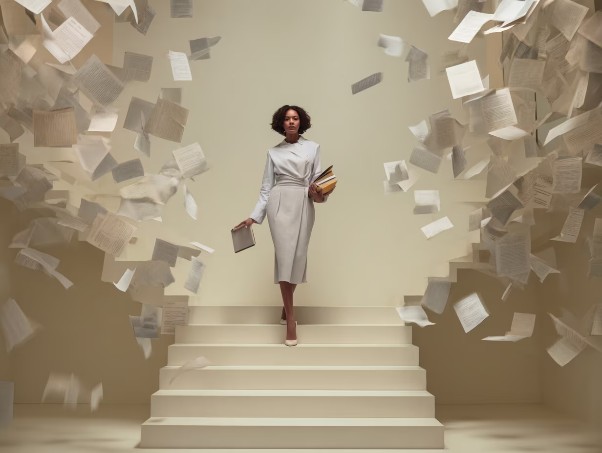 woman walking down stairs paper flying