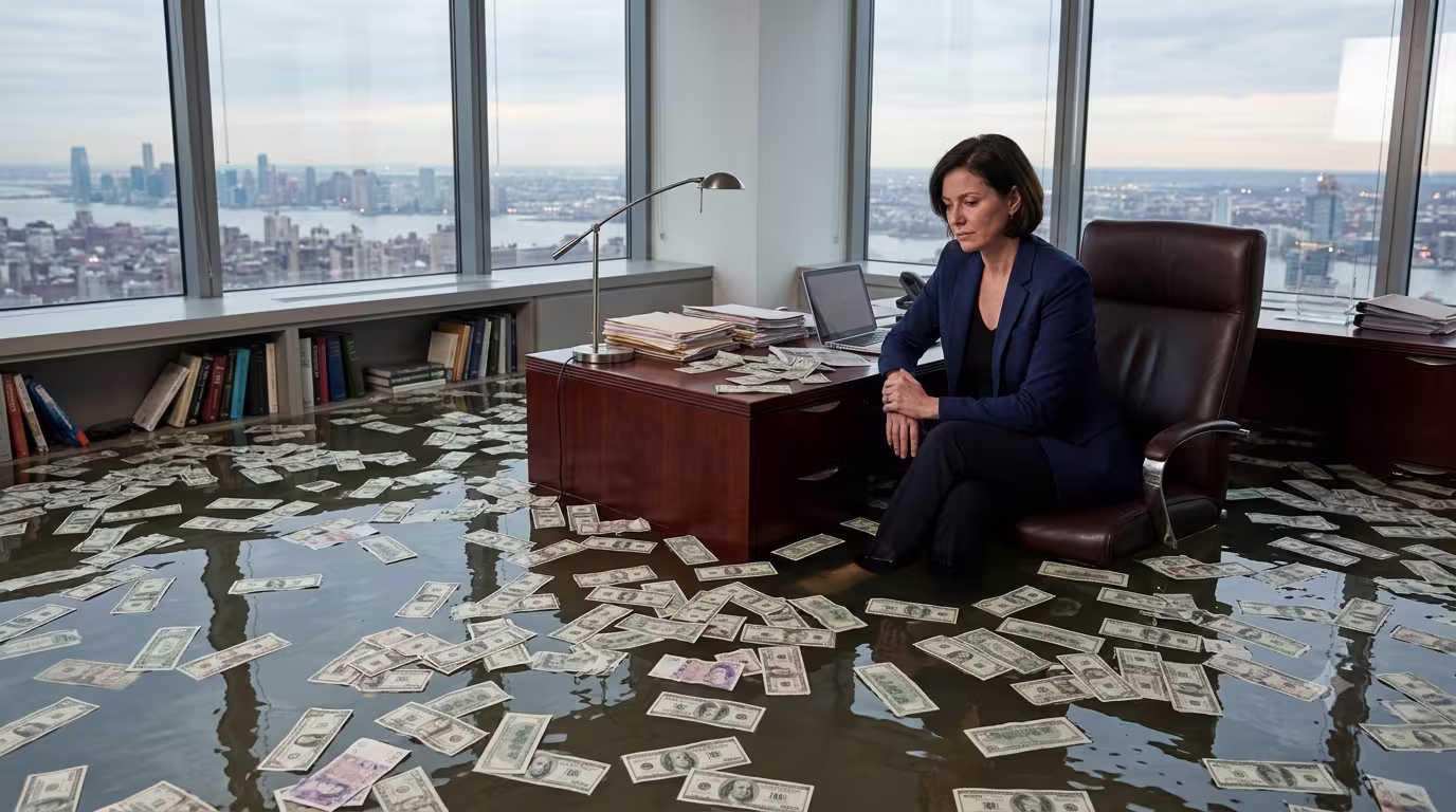 woman ceo sitting in an office flooded with money floating on top