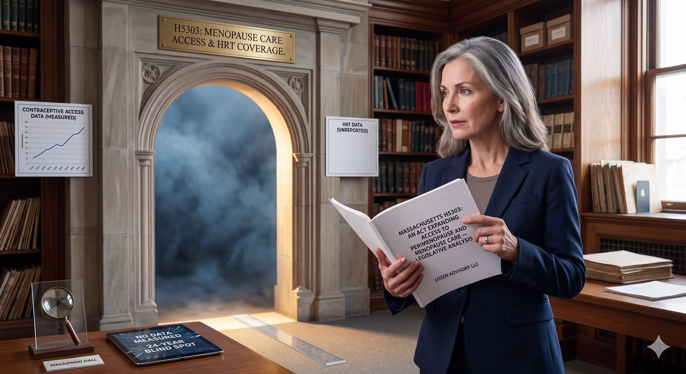 Conceptual illustration of a woman reviewing Massachusetts H5303 legislation next to a foggy archway and blank charts, symbolizing the unmeasured data blind spot in HRT coverage