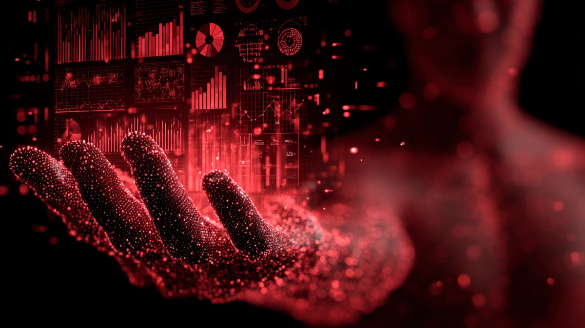 A red-toned digital image of a human figure holding a data interface with charts and analytical displays.