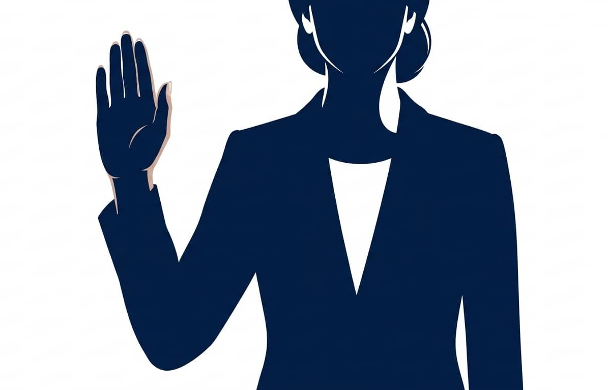 Navy silhouette of a professional woman raising one hand.